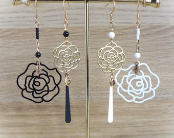 Asymmetrical "Flower" earrings in white and gold. Original gift for women. Mismatched earrings.