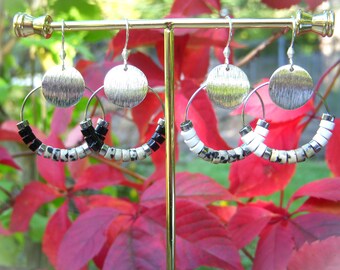 Silver earrings for women in natural heishi stone of Dalmatian jasper and howlite or Onyx. Matching necklace. Christmas gift.