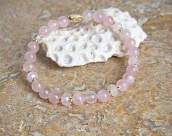 Natural Rose Quartz Bracelet from Madagascar I Natural Stone Bracelet I Gold Plated Beads I October Birthstone I Women's Gift