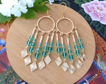 Long pair of azure blue Czech glass earrings in boho style. Original gift for women.