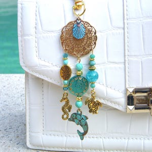 Turquoise blue and gold bag jewel on the theme of the sea I Original gift for women I Christmas gift I Teacher gift