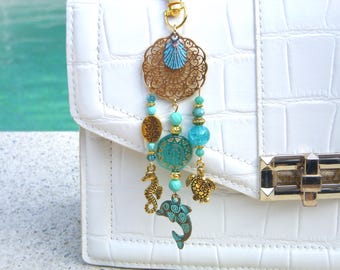 Turquoise blue and gold bag jewel on the theme of the sea I Original gift for women I Christmas gift I Teacher gift