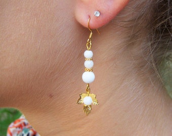 Natural stone earrings I Fine gold leaf pendant in stainless steel I Original earring I Women's gift