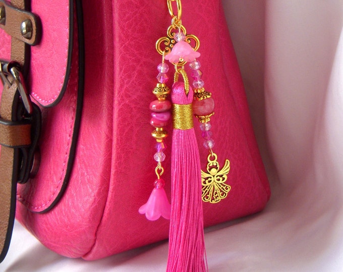 Featured listing image: Bag jewelry Key ring I Car jewelry I fuchsia with pompom and flower and angel charms I Shell pearls and rhodochrosite.