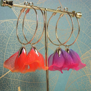 Flower earrings. Gold-plated hoops. Small fabric flower. Original gift. Bridesmaid earrings.
