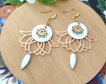 "Florence" earrings with filigree print and lotus flower pendant and a delicate white enamel pendant.