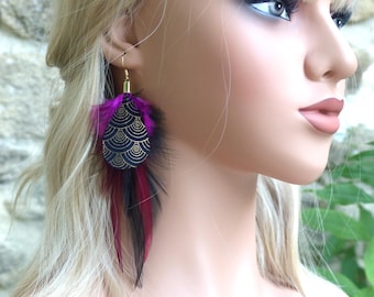 Unique long earring in pink and purple feathers. Festival earring. Original gift for women.