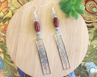 Silver dangling earrings in red Jasper, Original women's gift. Long natural stone earring.