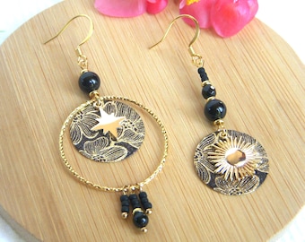 Asymmetrical black and gold "Stella" earrings. An original gift for women.