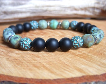 Men's bracelet made of natural black agate and African turquoise stone. Original Father's Day gift. Large size unisex bracelet.