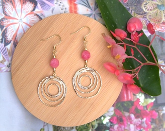 Rhodochrosite dangle earrings, Original Christmas gift for women. Natural stone earring, 18k gold plated pendant.