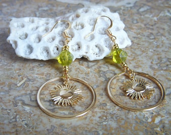 Peridot Earrings I August Birthstone I Sun and 18k Gold Plated Pearls I Delicate and Chic Women's Gift.