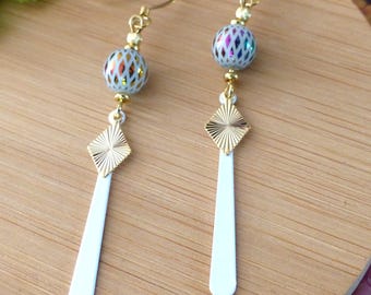 Long "Harlequin" drop earrings with a pearl and a diamond-shaped charm. Original gift for women.