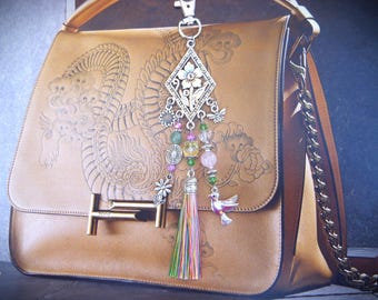 Bag jewelry or key ring in aventurine pearl, rose quartz and glass I Bag jewelry paying homage to spring I Original women's gift.