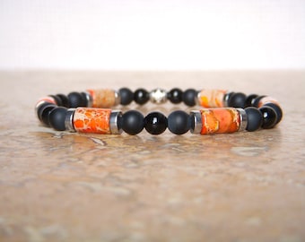 Men's bracelet in natural stone. Surfer bracelet in orange imperial jasper and black agate. Original Father's Day gift.