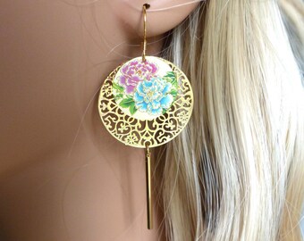 "Selena" earrings with round, filigree gold stampings and floral tassels. A unique gift for women. 8 designs to choose from.
