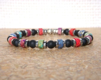 Men's natural stone bracelet. Surfer bracelet in multicolored imperial jasper and black agate. An original Father's Day gift.