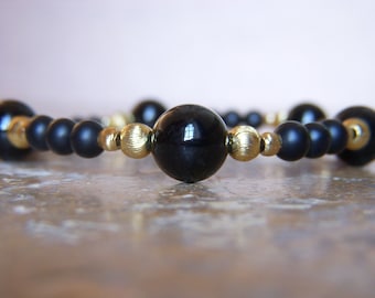 Black women's bracelet in Onyx and Agate beads, bracelet in gold and black beads in natural stones. 3 lots to choose from