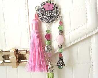 Bag jewelry or key ring in aventurine pearl, tourmaline, glass and ceramic I Spring festival bag jewelry I Original women's gift.