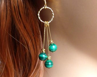 "Malya" drop earrings in natural Malachite, plated in 18k gold. Delicate gift for women.
