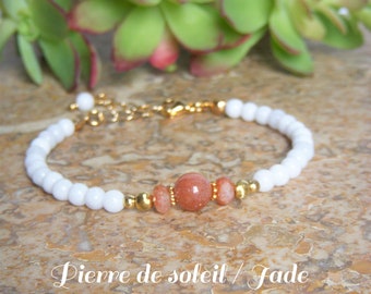 Bracelet in Sunstone and Jade, natural stones and 18 k gold-plated pearls. Valentine's Day gift, birth, marriage, friendship.