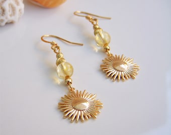 SUN earrings in natural stone plated with 18 k gold I Original gold earrings I Boho chic women's gift