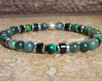 Men's green beaded bracelet made of natural stone. Surfer bracelet made of jasper, tiger's eye, and onyx. Father's gift, original men's gift.