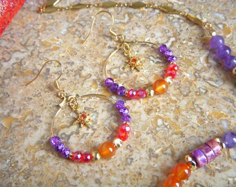 Creole earrings in glass beads and Amethyst, very colorful in Indian style. Original women's gift. mothers' Day