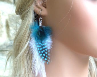 Single earring made of long turquoise feathers. Unique earring made of natural feathers. Boho chic earring.
