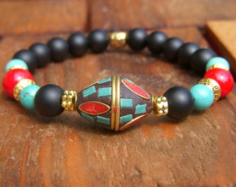 Women's bracelet, bracelet with Tibetan pearl, marble, onyx and howlite bracelet of 8 mm, natural stones length 18 cm.