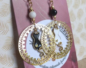 "Felicia" cat earrings, asymmetrical, mismatched in black and white. 2 models to choose from. Original gift for women.