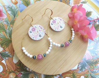 "Lina" hoop earrings in tourmaline, jade, and howlite with a floral tassel. A delicate and chic women's gift.