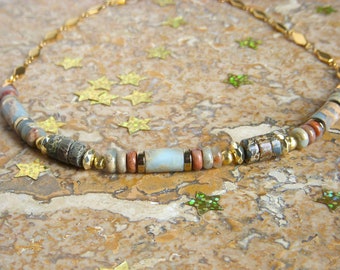 Fine surfer style natural stone heishi bead necklace, gold diamond stainless steel chain, Christmas gift.