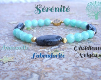 SERENITE bracelet in Labradorite, Amazonite and snowy Obsidian. Women's natural stone bracelet. Christmas birthday gift.