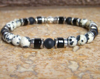 Men's beaded bracelet made of natural stone. Surfer bracelet made of Dalmatian Jasper and Onyx. Original men's gift. Father's Day gift.