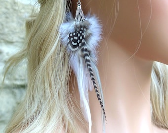 Unique long black and white feather earring. Original gift for women.