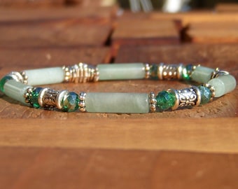 Women's bracelet, Pink Quartz or Aventurine, natural stone, Tibetan beads, anniversary gift. 9 choices. trendy bracelet.