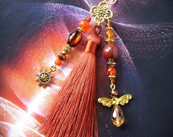 Bag jewelry, key ring with red jasper bead, glass and charms. Handmade bag jewelry with pompom. Original mistress gift
