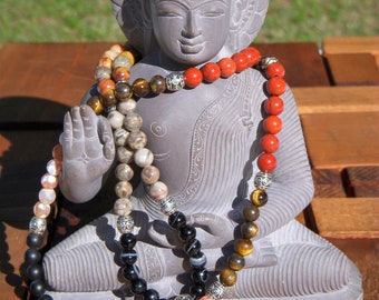 Mala Rosary Necklace of 108 pearls in natural stone pearls. meditation, spirituality, yoga. Long necklace woman. Lucky Charm