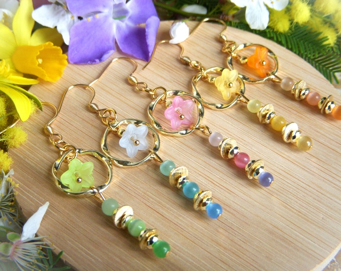 Featured listing image: Flower earrings, cat's eye glass beads and 18k gold plated I Lightweight and original earrings I Spring women's gift