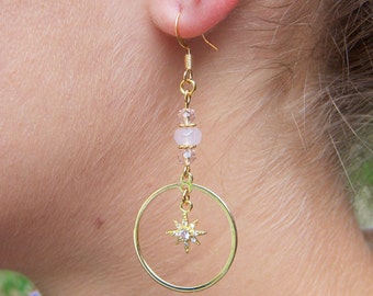 Rose Quartz Earrings I Natural Rose Quartz Stone and 18k Gold Plated Pearls I Delicate and Chic Women's Gift.