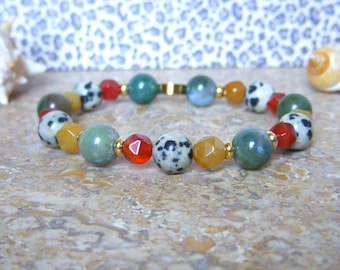 Bracelet in Jade, Indian Agate and Dalmatian Jasper. Women's bracelet in multicolored natural stone. Original and trendy Christmas gift for women.