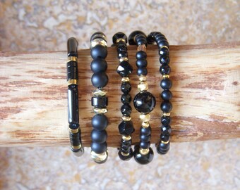 Black women's bracelet in Onyx and Agate beads, bracelet in gold and black beads in natural stones. 3 lots to choose from