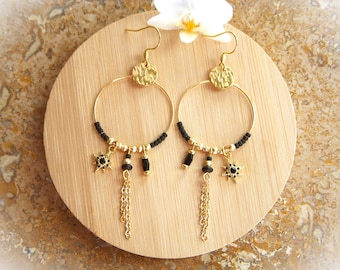Black and gold hoop earrings I Original women's earrings I Bohemian chic earrings I Gift for her