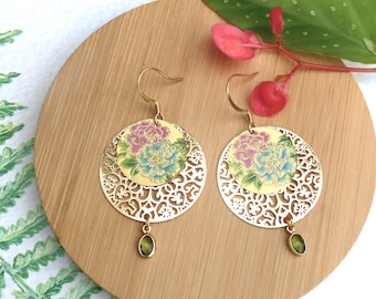 "Marisol" earrings with filigree print, floral and glass tassels. Original women's gift. 3 colors to choose from.