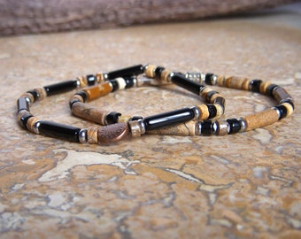 Men's pearl bracelet I Set of 2 fine bracelets I natural stone I Original men's gift I Heishi bracelet in landscape Jasper and Onyx.