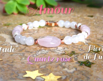 LOVE bracelet in rose quartz, moonstone, and jade. Women's bracelet in natural stone. Gift for women for Christmas or birthday.