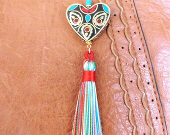 Bag charm or key ring with large Nepalese heart bead. Original handmade bag charm.
