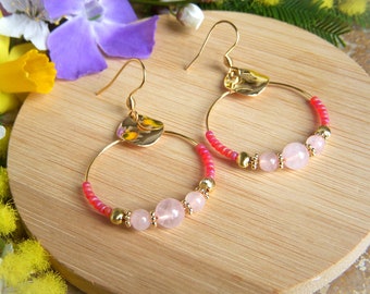 Creole earrings in natural rose Quartz stone I Original earring I Bohemian earring I Gift for her