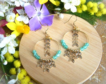 Creole earrings with a wheat stalk motif, made of Czech glass beads and 18k gold-plated beads | Original earrings